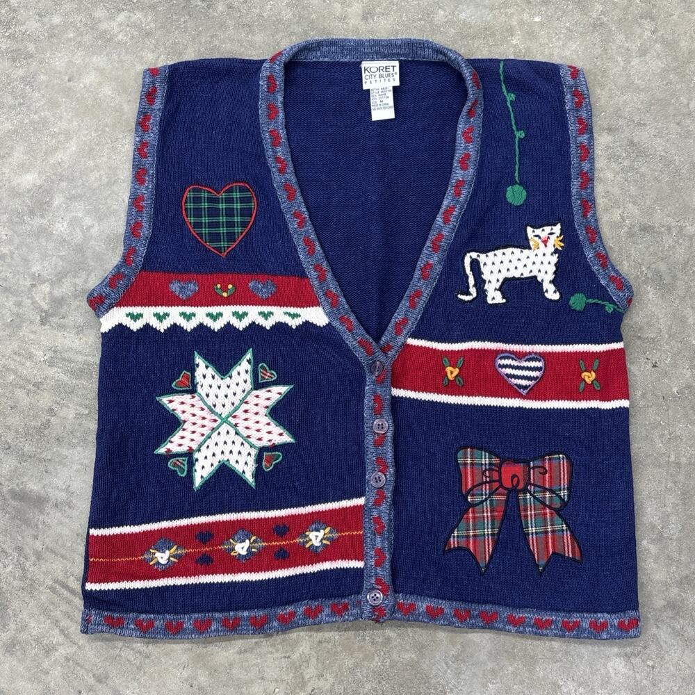 Koret City Blues Petites Womens M Sweater Vest Cardigan Button Embroidered Color